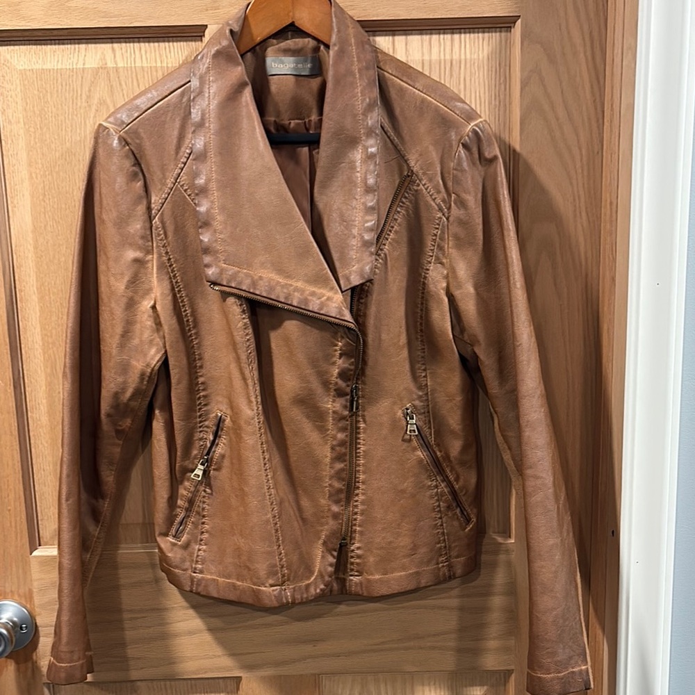 Bagatelle Faux Brown Leather Moto Jacket Asymmetrical Zipper Fitted Silhouette